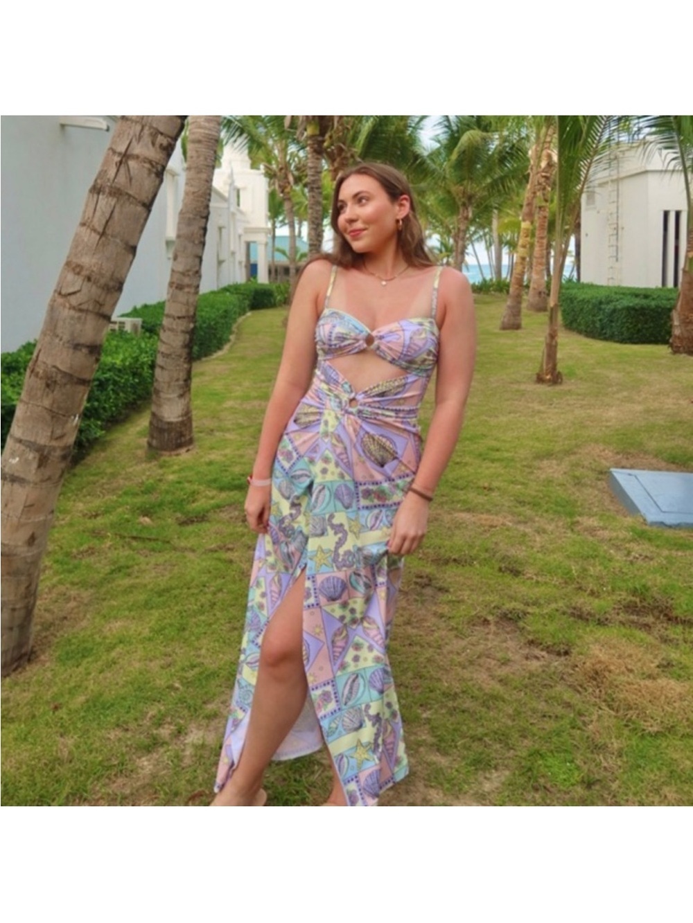 Oceanus Zoe Pastel Multicolor Cutout Resortwear Beach Cover Up Maxi Dress L